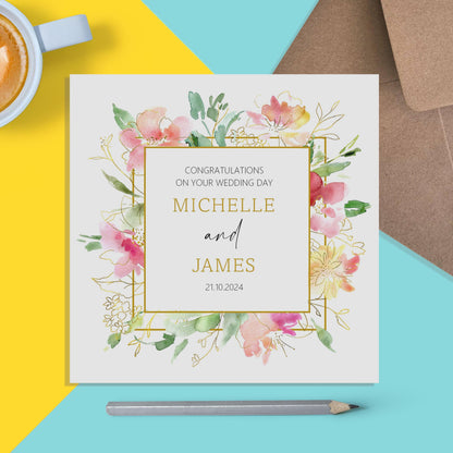Personalised Wedding Day Card - Personalised With Names & Wedding Date, Pink Gold Floral Design - PMPrinted