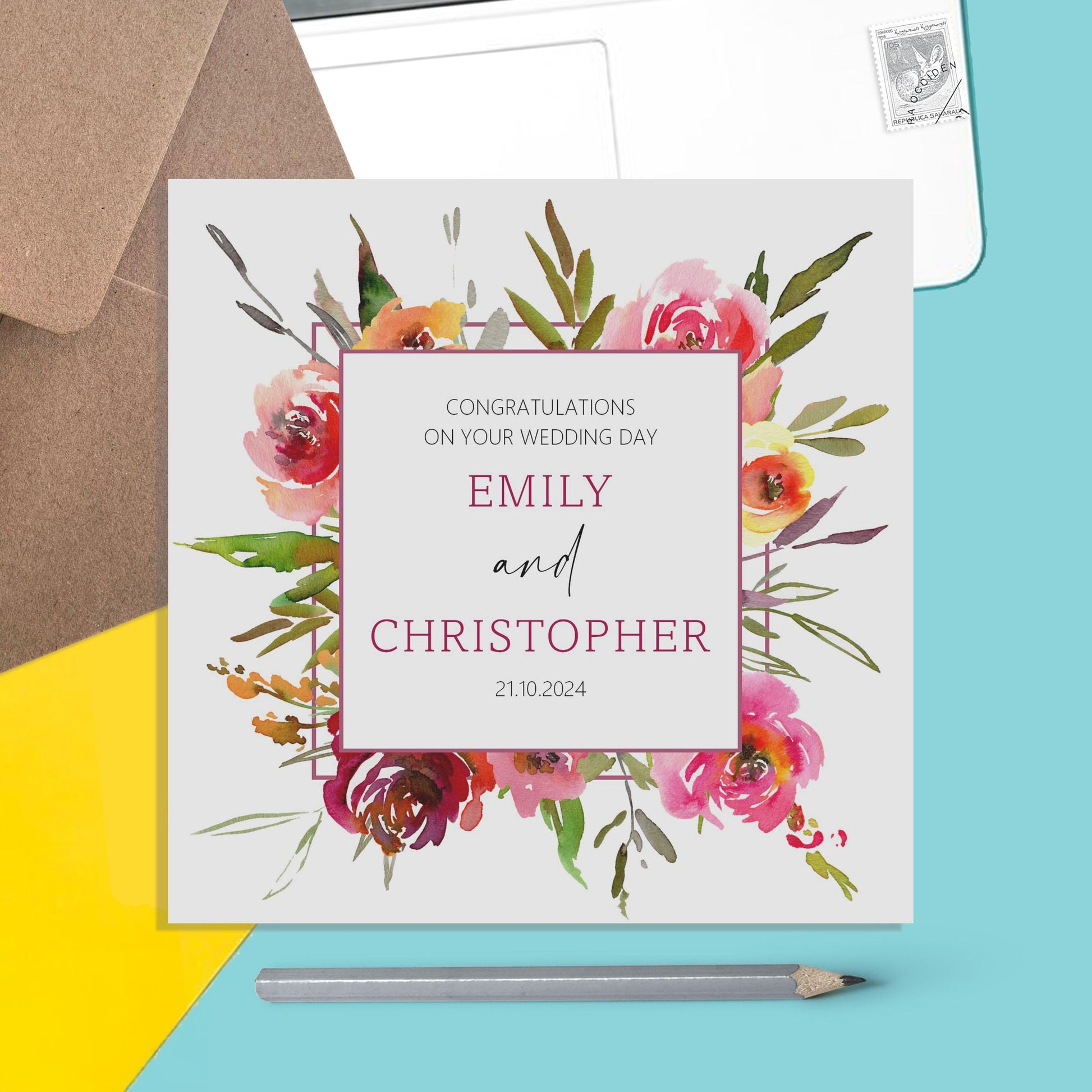 Personalised Wedding Day Card - Personalised With Names & Wedding Date, Red Pink Floral Design - PMPrinted