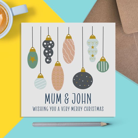 Mum And Partner Christmas Card, Personalised Bauble Design - PMPrinted