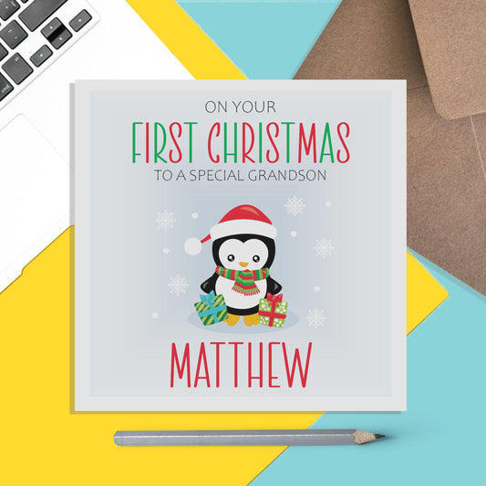 Grandson 1st Christmas Card - Personalised Penguin First Christmas Keepsake - PMPrinted