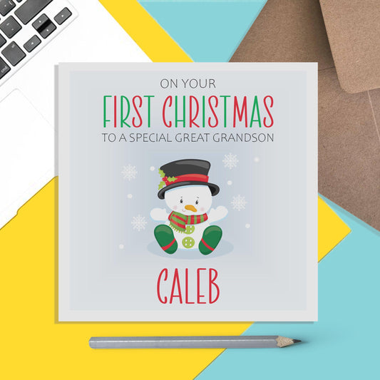 Grandson 1st Christmas Card - Personalised Snowman First Christmas Keepsake - PMPrinted