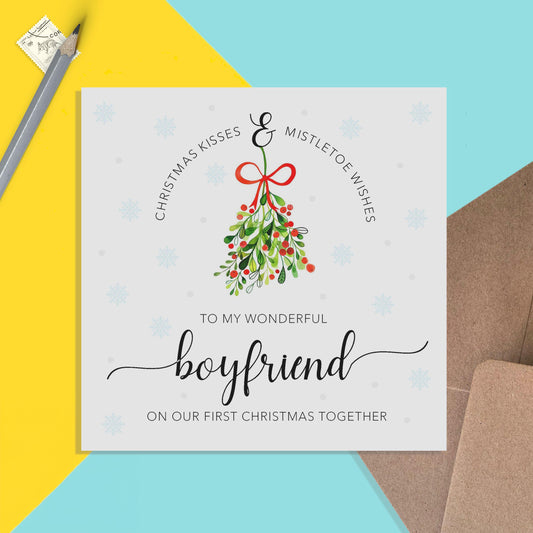 Boyfriend 1st Christmas Card Together - Romantic Christmas Kisses & Mistletoe Wishes - PMPrinted
