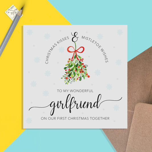 Girlfriend 1st Christmas Card Together - Romantic Christmas Kisses & Mistletoe Wishes - PMPrinted