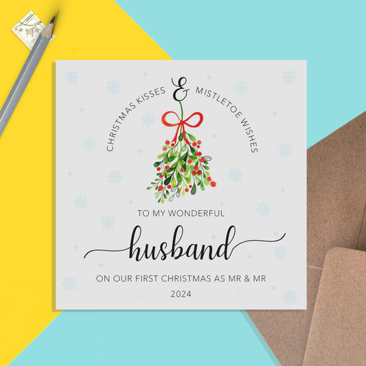 1st Christmas As Mr & Mr 2024 Christmas Card - Same Sex Romantic Christmas Kisses - PMPrinted