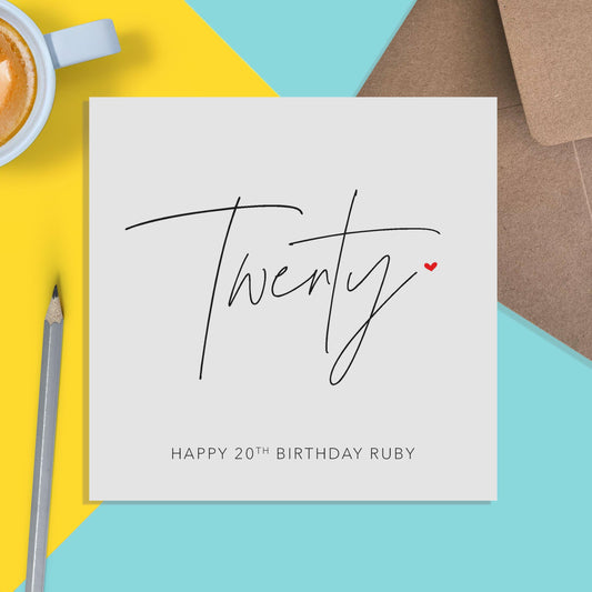 20th Birthday Card, Personalised Simple Elegant Twenty Birthday - PMPrinted