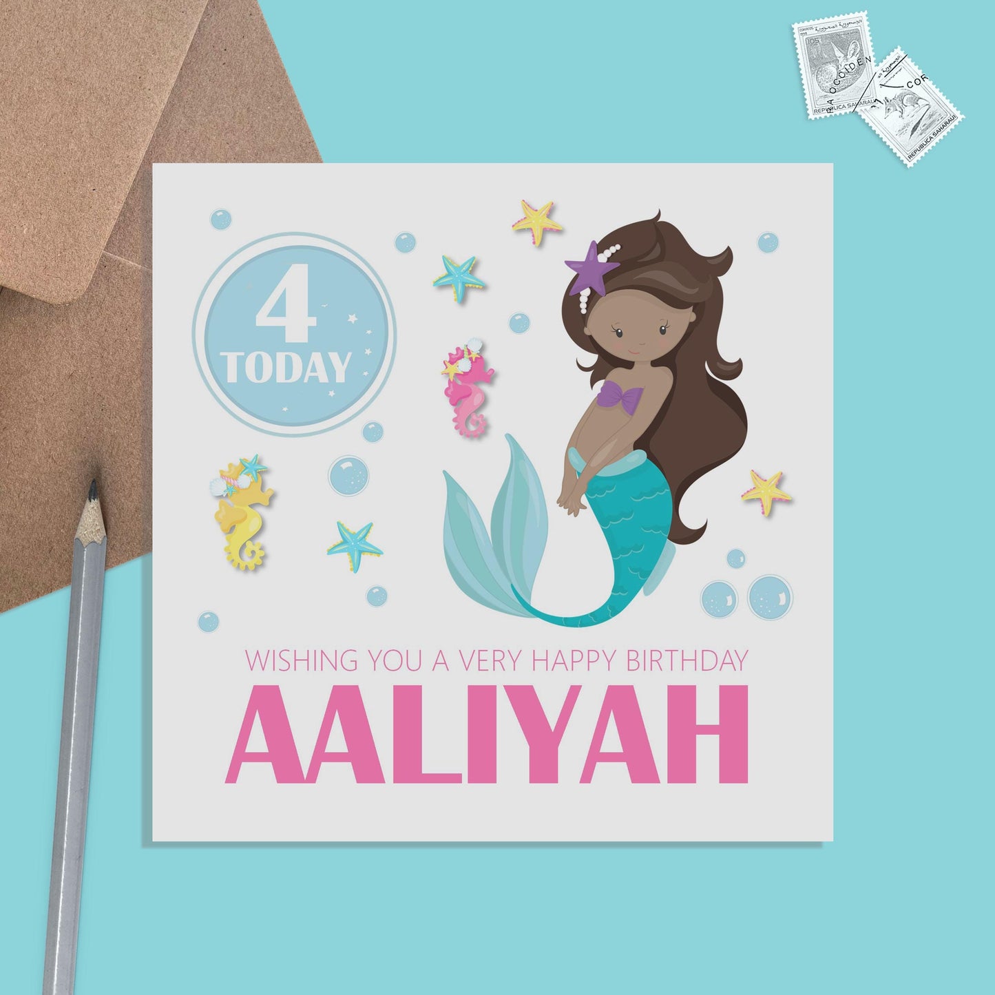 Children's Mermaid Birthday Card Personalised WithDark Skin - Any Name And Age For Daughter, Niece Or Granddaughter - PMPrinted