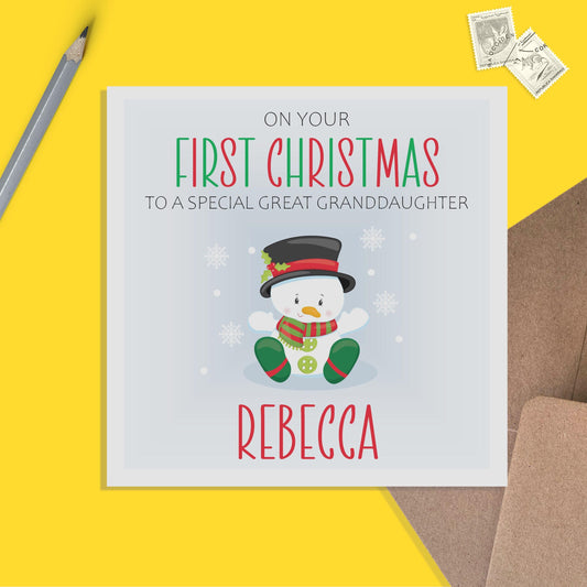 Great Granddaughter 1st Christmas Card - Personalised Snowman First Christmas Keepsake - PMPrinted