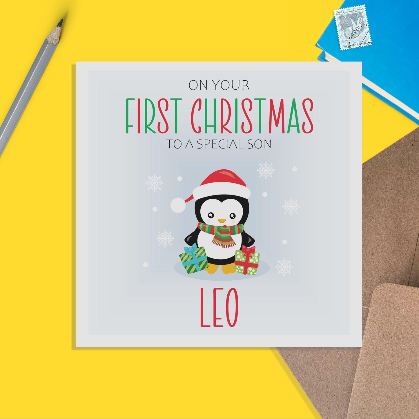 Son 1st Christmas Card - Personalised Penguin First Christmas Keepsake - PMPrinted