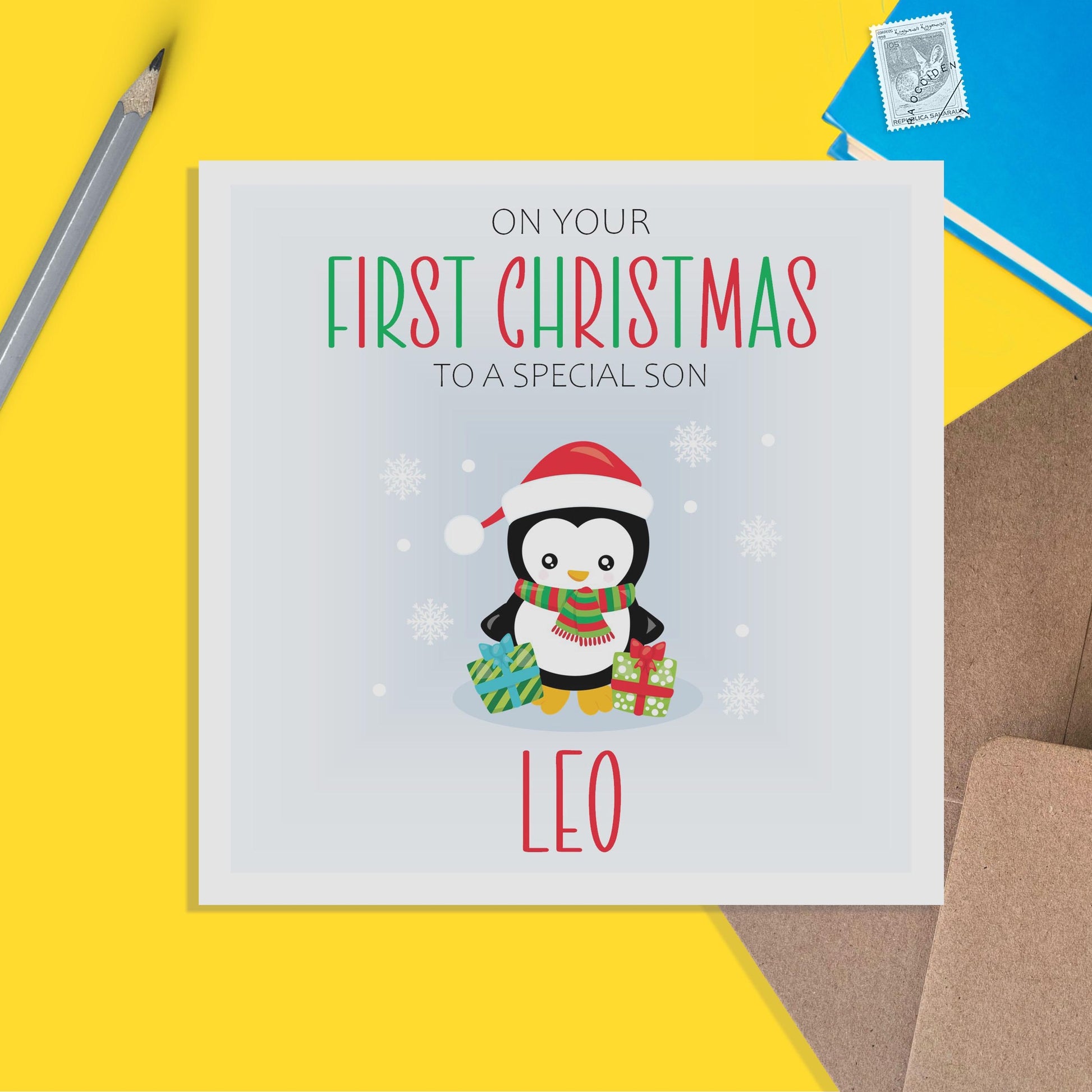 Son 1st Christmas Card - Personalised Penguin First Christmas Keepsake - PMPrinted
