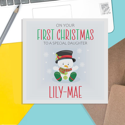 Daughter 1st Christmas Card - Personalised Snowman First Christmas Keepsake - PMPrinted