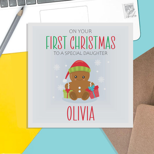 Daughter 1st Christmas Card - Personalised Gingerbread First Christmas Keepsake - PMPrinted