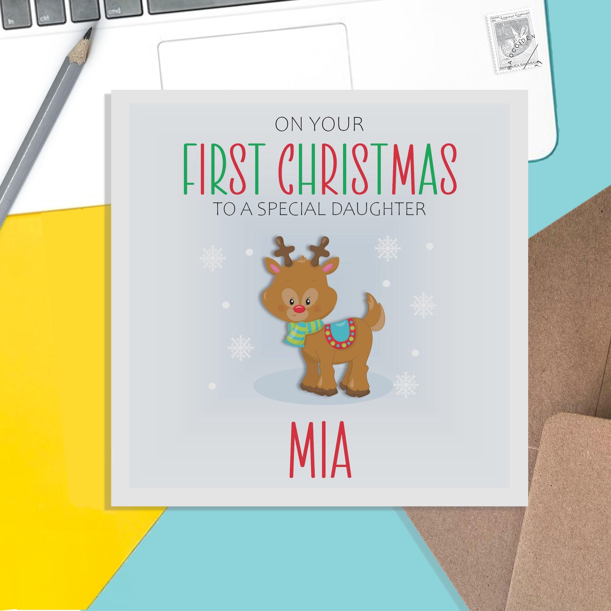 Daughter 1st Christmas Card - Personalised Reindeer First Christmas Keepsake - PMPrinted