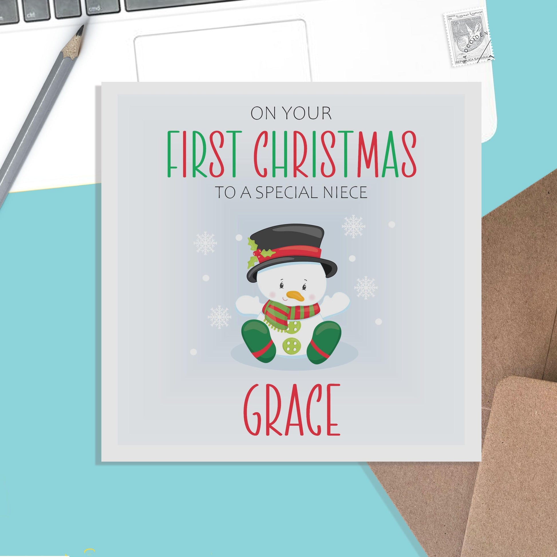 Niece First Christmas Card - Personalised Snowman 1st Christmas Keepsake - PMPrinted