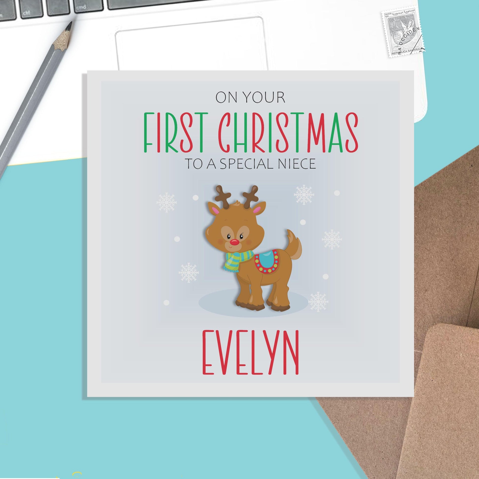 Niece First Christmas Card - Personalised Reindeer 1st Christmas Keepsake - PMPrinted