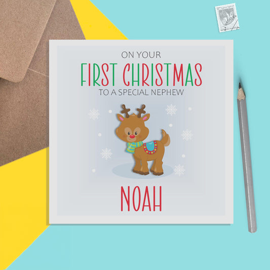 Nephew First Christmas Card - Personalised Reindeer 1st Christmas Keepsake - PMPrinted