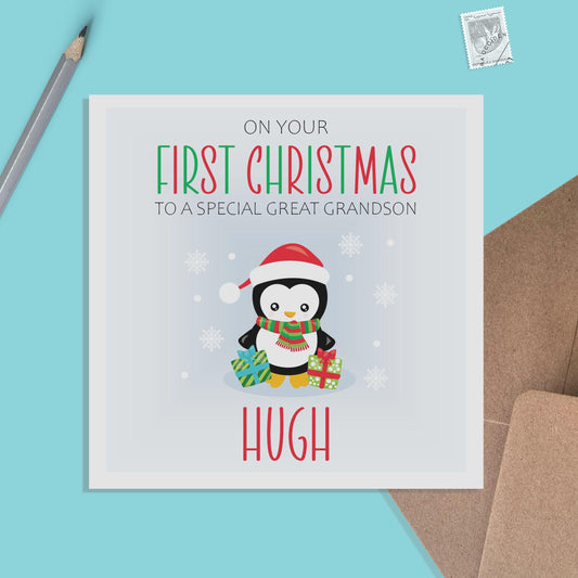 Great Grandson 1st Christmas Card - Personalised Penguin First Christmas Keepsake - PMPrinted