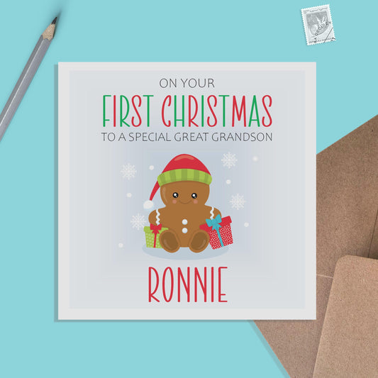 Great Grandson 1st Christmas Card - Personalised Gingerbread First Christmas Keepsake - PMPrinted