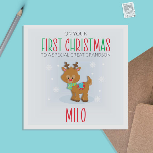 Great Grandson 1st Christmas Card - Personalised Reindeer First Christmas Keepsake - PMPrinted
