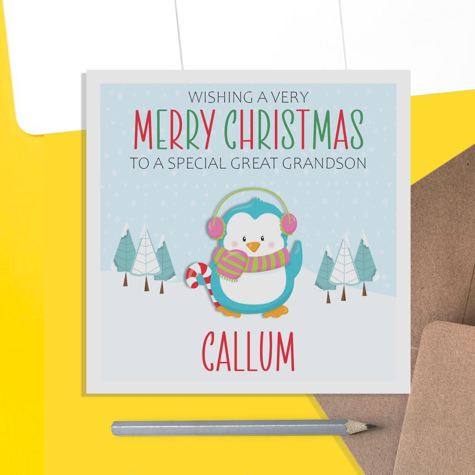 Penguin Great Grandson Christmas Card - Personalised Christmas Keepsake - PMPrinted