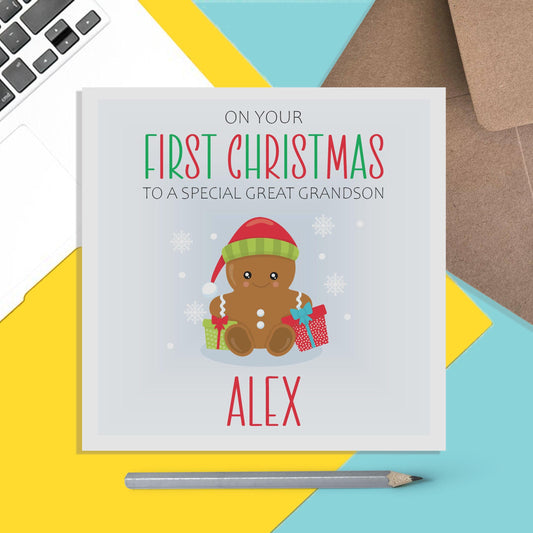 Grandson 1st Christmas Card - Personalised Gingerbread Man First Christmas Keepsake - PMPrinted