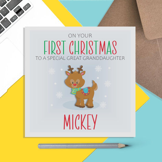 Grandson 1st Christmas Card - Personalised Reindeer First Christmas Keepsake - PMPrinted