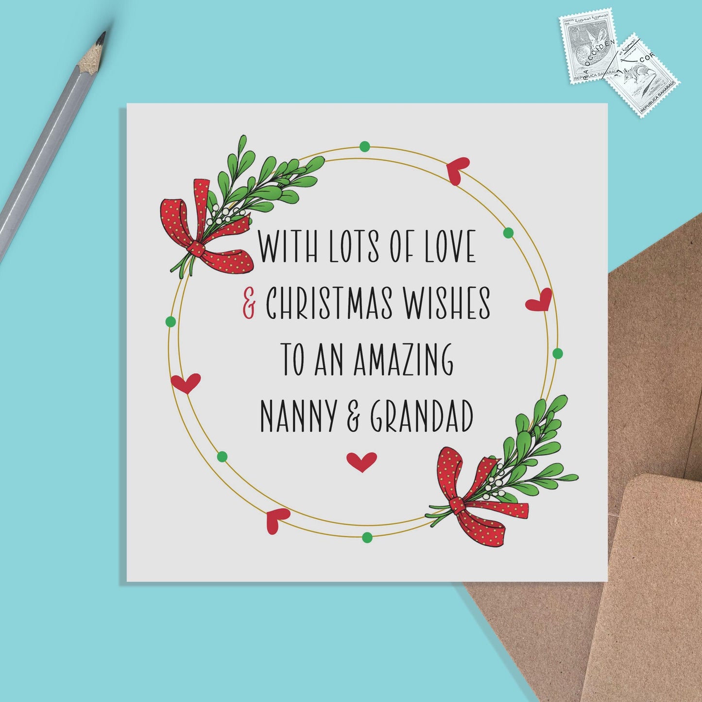 Grandparent Christmas Card - From Grandson Or Granddaughter, Grandchrildren Lots Of Love & Christmas Wishes - PMPrinted