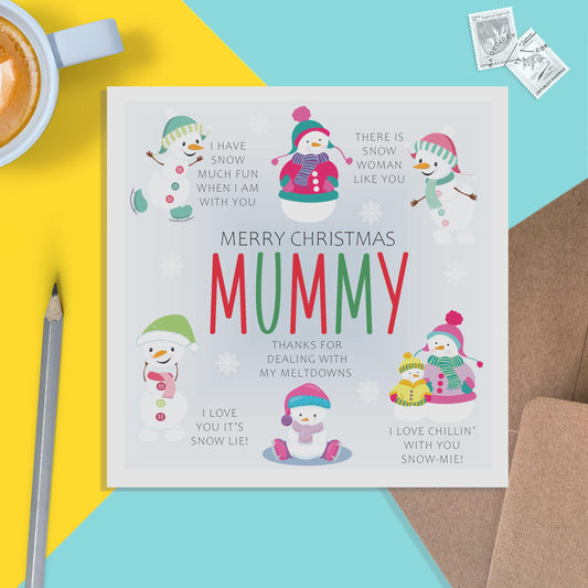 Mummy Snowman Christmas Card - Fun cute snowman puns - PMPrinted