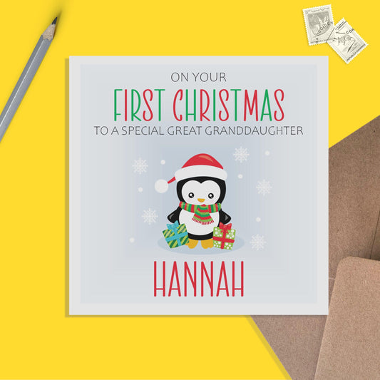 Great Granddaughter 1st Christmas Card - Personalised Penguin First Christmas Keepsake - PMPrinted