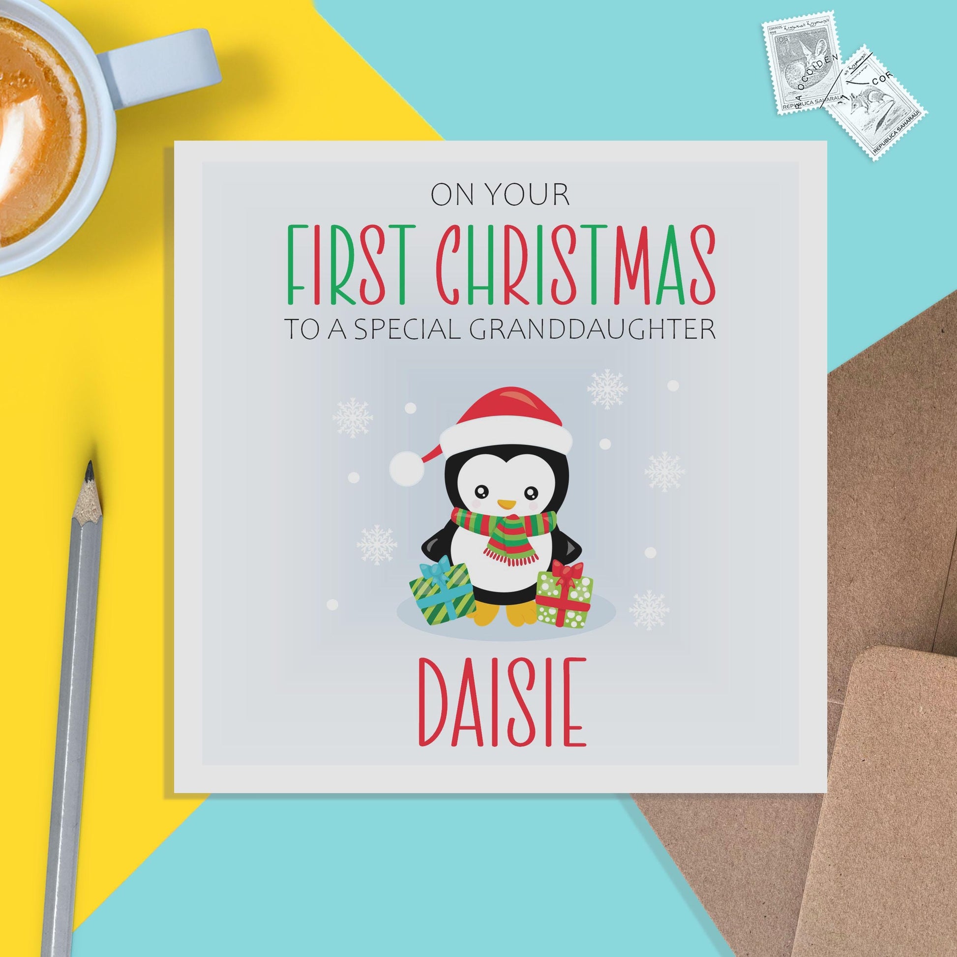 Granddaughter 1st Christmas Card - Personalised First Penguin Keepsake Card - PMPrinted