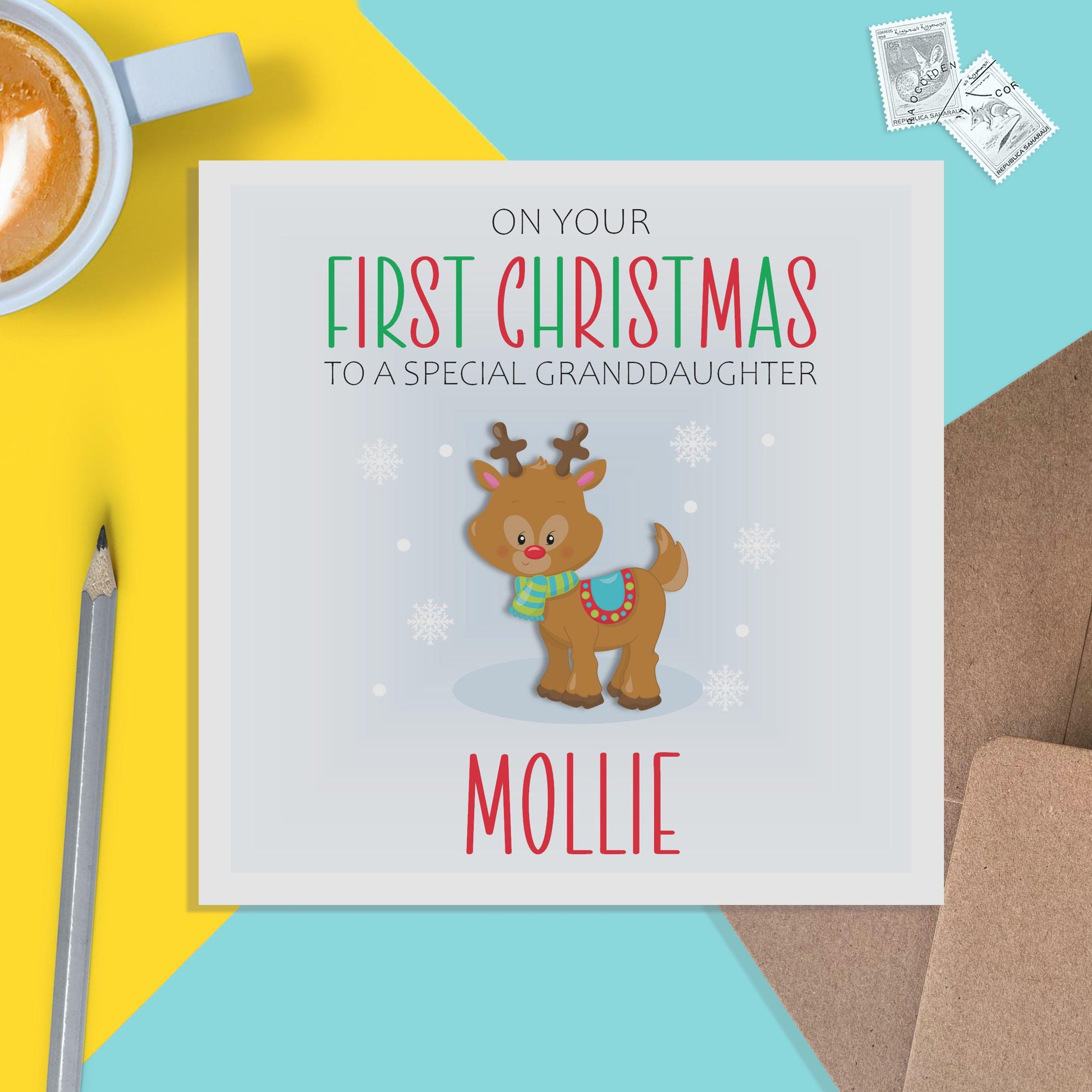 Granddaughter 1st Christmas Card - Personalised First Reindeer Keepsake Card - PMPrinted