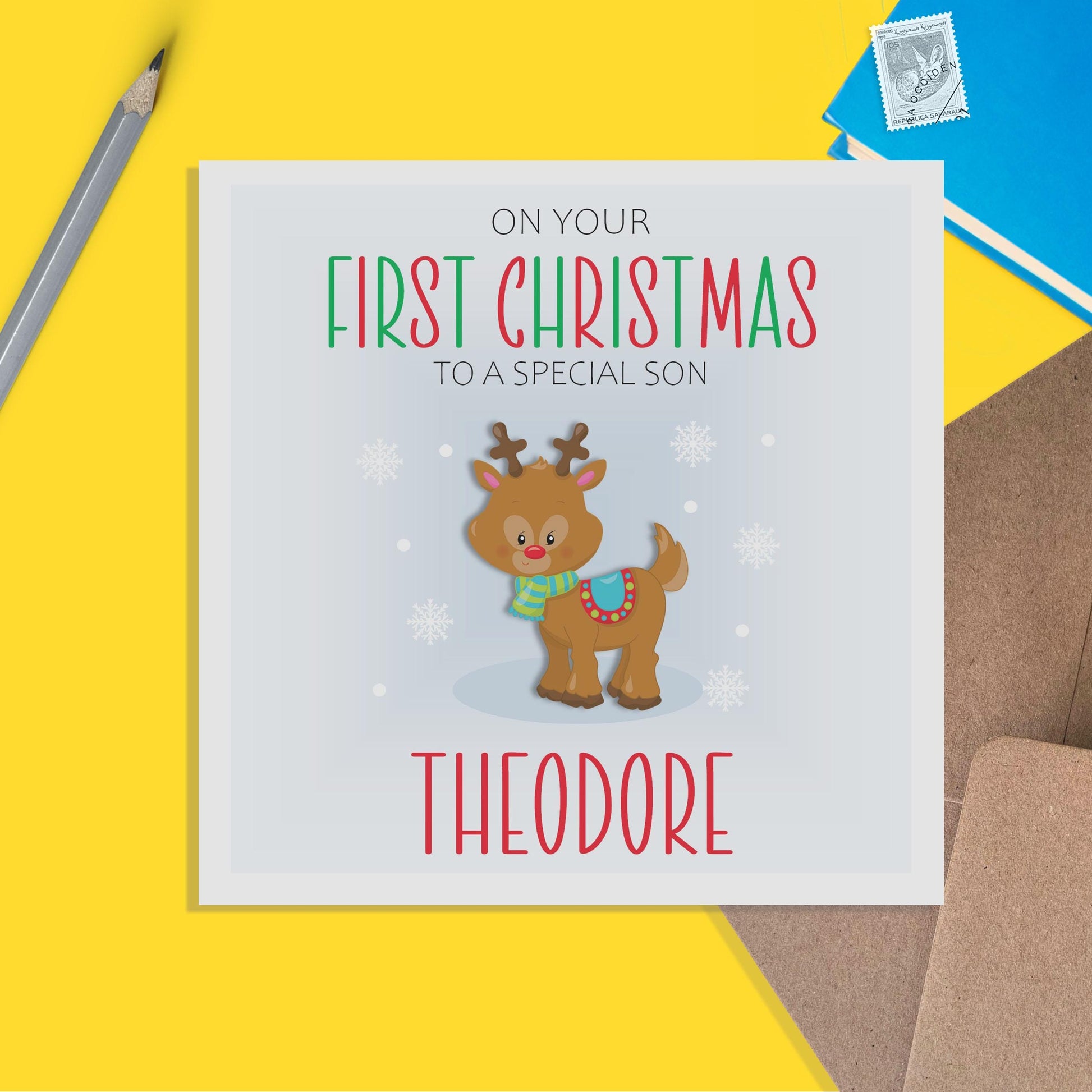 Son 1st Christmas Card - Personalised Reindeer First Christmas Keepsake - PMPrinted