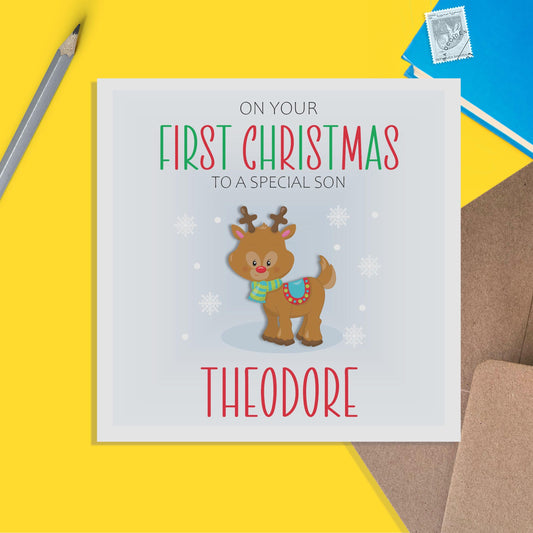 Son 1st Christmas Card - Personalised Reindeer First Christmas Keepsake - PMPrinted