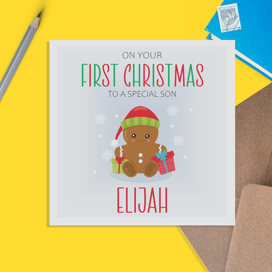 Son 1st Christmas Card - Personalised Gingerbread First Christmas Keepsake - PMPrinted