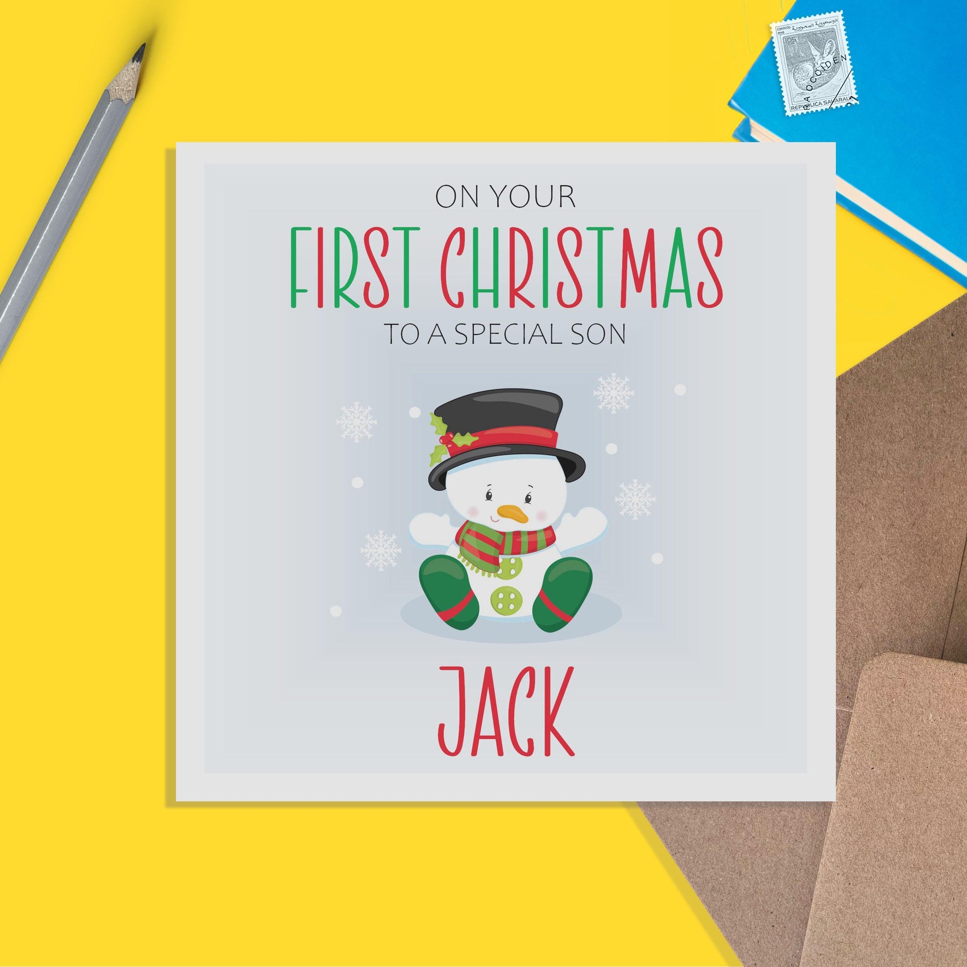 Son 1st Christmas Card - Personalised Snowman First Christmas Keepsake - PMPrinted