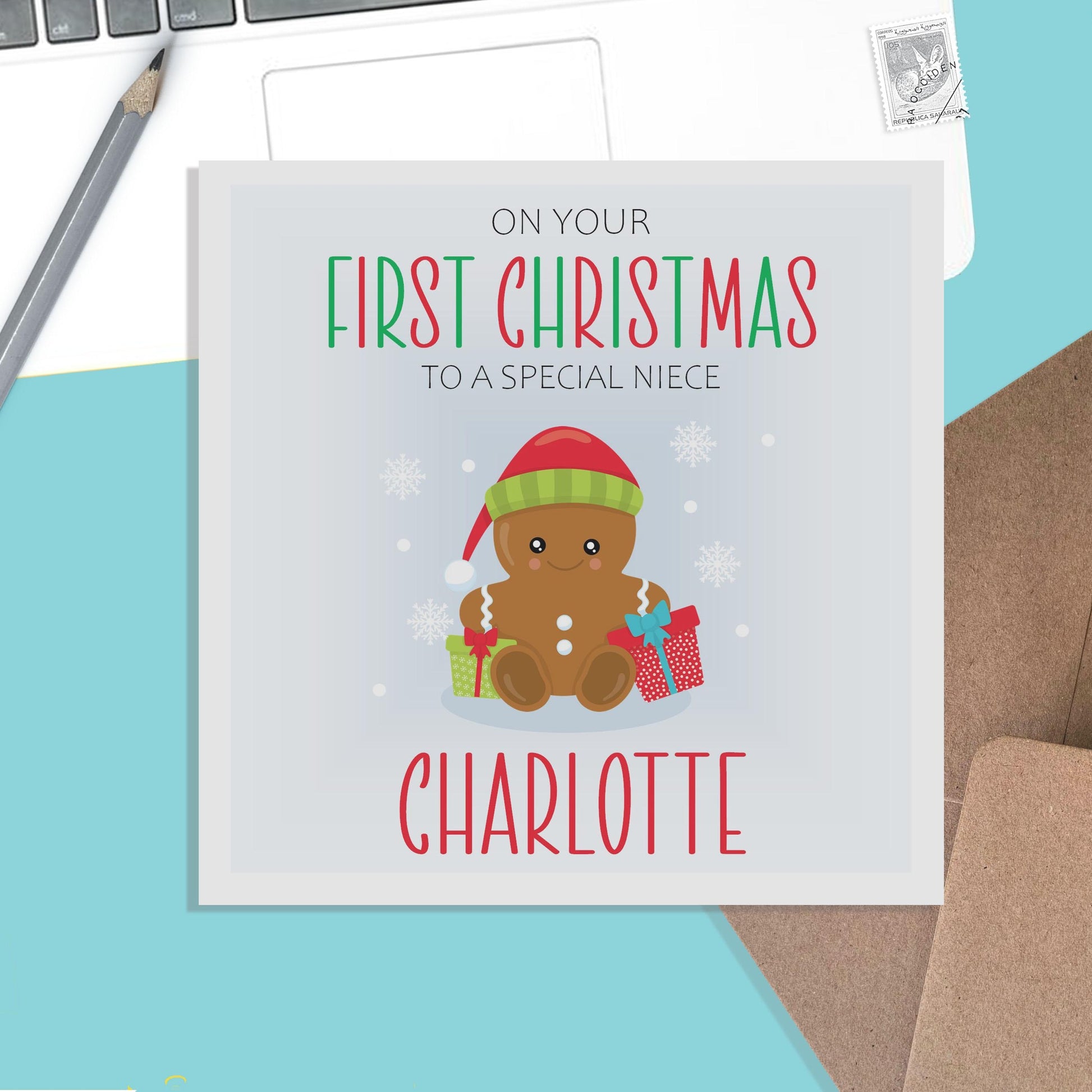 Niece First Christmas Card - Personalised Gingerbread 1st Christmas Keepsake - PMPrinted