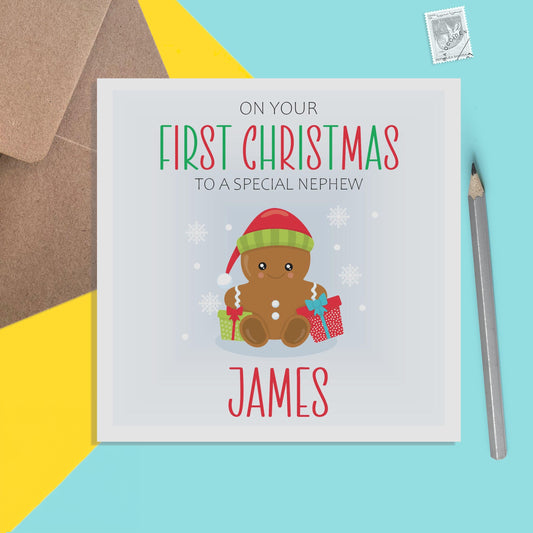 Nephew First Christmas Card - Personalised Gingerbread 1st Christmas Keepsake - PMPrinted