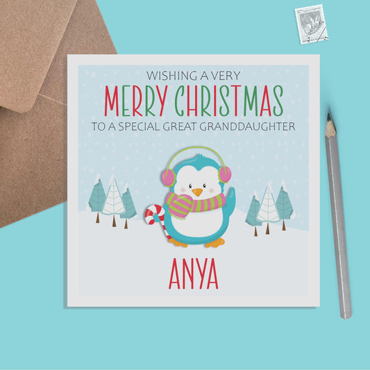 Penguin Great Granddaughter Christmas Card - Personalised Christmas Keepsake - PMPrinted