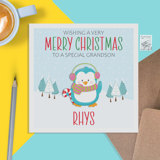 Penguin Grandson Christmas Card - Personalised Christmas Keepsake - PMPrinted