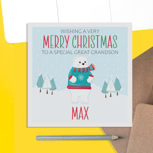 Polar Bear Great Grandson Christmas Card - Personalised Christmas Keepsake - PMPrinted