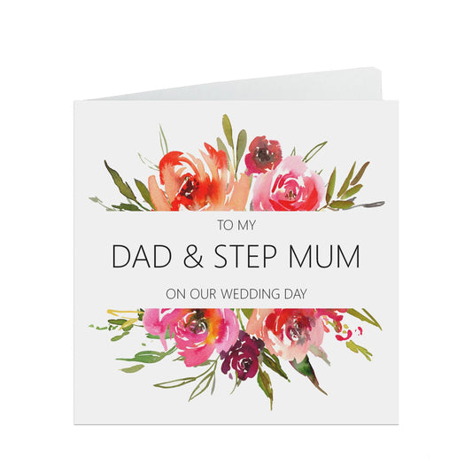 Red Floral Dad & Step-Mum On Our Wedding Day Card - 6x6 Inches With A Kraft Envelope