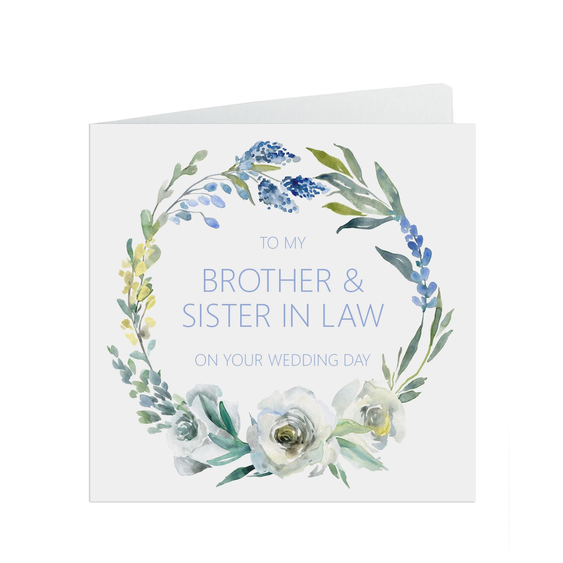 Blue Floral Brother and Sister In Law Wedding Day Card - 6x6 Inch Card With A Kraft Envelope