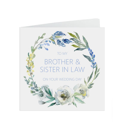 Blue Floral Brother and Sister In Law Wedding Day Card - 6x6 Inch Card With A Kraft Envelope