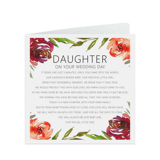 Red Floral Daughter On Your Wedding Day Card - 6x6 Inches With A Kraft Envelope