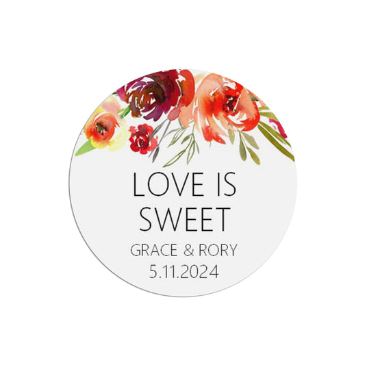 Wedding Favour Stickers, Red Floral 'Love Is Sweet' - Personalised, 35 Stickers Per Sheet, 37mm Round