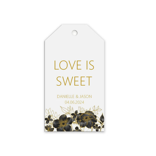 Love Is Sweet Favour Gift Tags, Black & Gold Personalised Pack Of 10