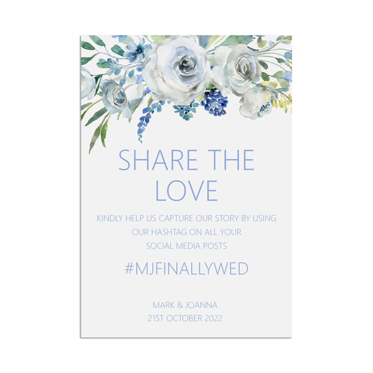 Wedding Sign - Blue Floral Social Media Hashtag - Personalised & Printed, A5, A4, Or A3