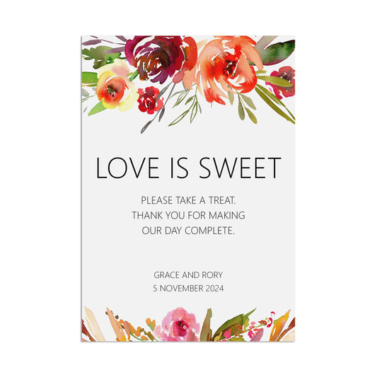 Wedding Sign - Red Floral Love Is Sweet - Personalised & Printed A5, A4 Or A3