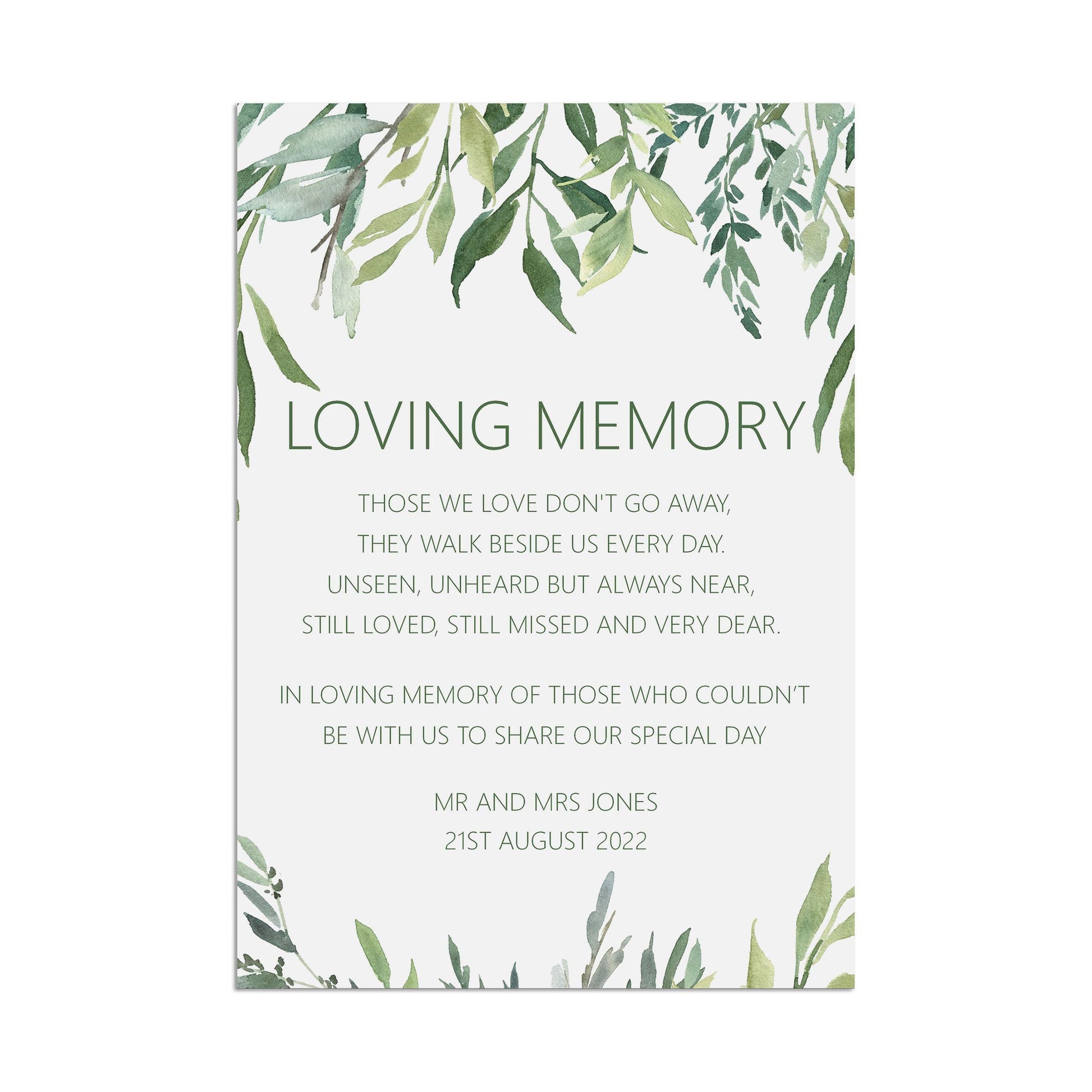 Wedding Sign - Greenery Loving Memory Remembrance - Personalised & Printed A5, A4 Or A3