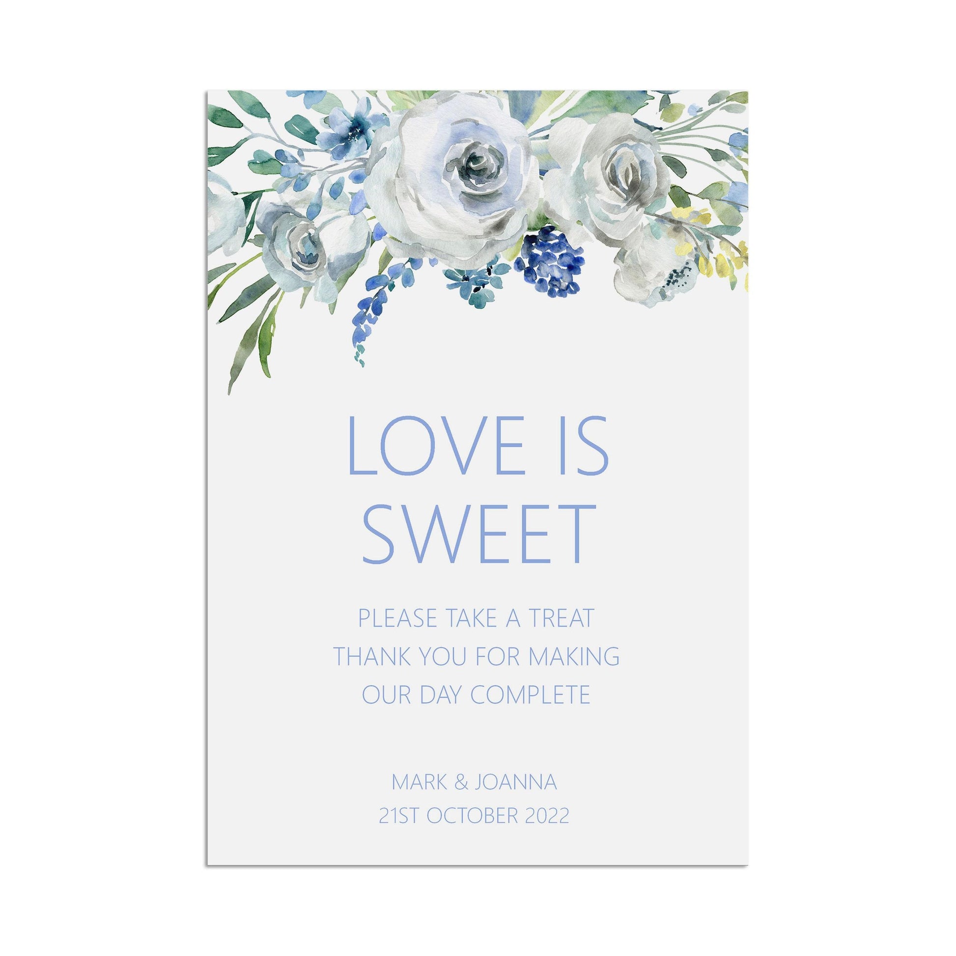 Wedding Sign - Blue Floral Love Is Sweet - Personalised & Printed, A5, A4, Or A3