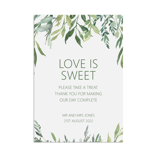 Wedding Sign - Greenery Love Is Sweet - Personalised & Printed A5, A4 Or A3